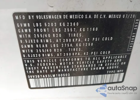 2020 Volkswagen Tiguan 2.0T Se/2.0T Se R-Line Black/2.0T Sel из США, поврежденный, VIN 3VV3B7AX3LM160503